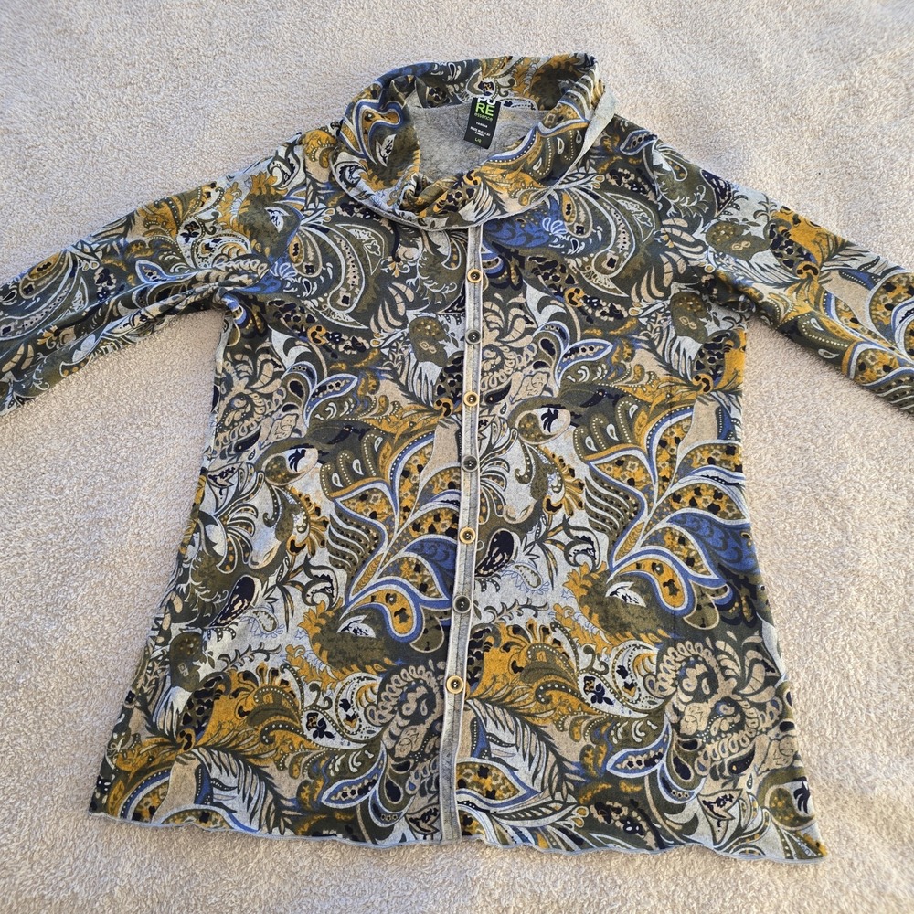 Pure Essence Cowl Neck Tunic Top Paisley Buttons Size L Boho-chic Artsy Abstract